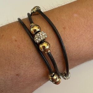 Fossil leather gold rhinestone tone beaded bracelet 7.5"